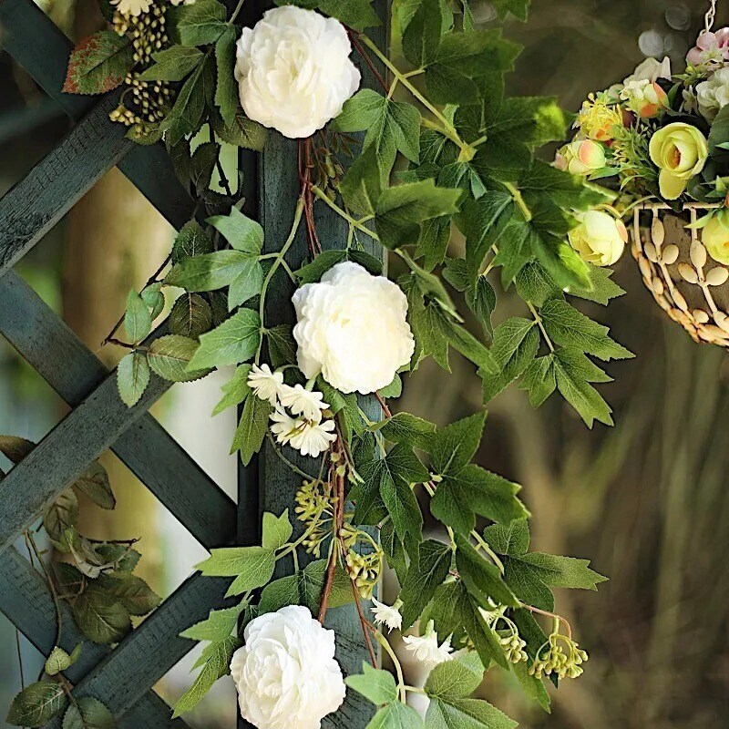 6 ft long Silk Peony Flowers Garland with Leaves and Bendable Wire Vine Party