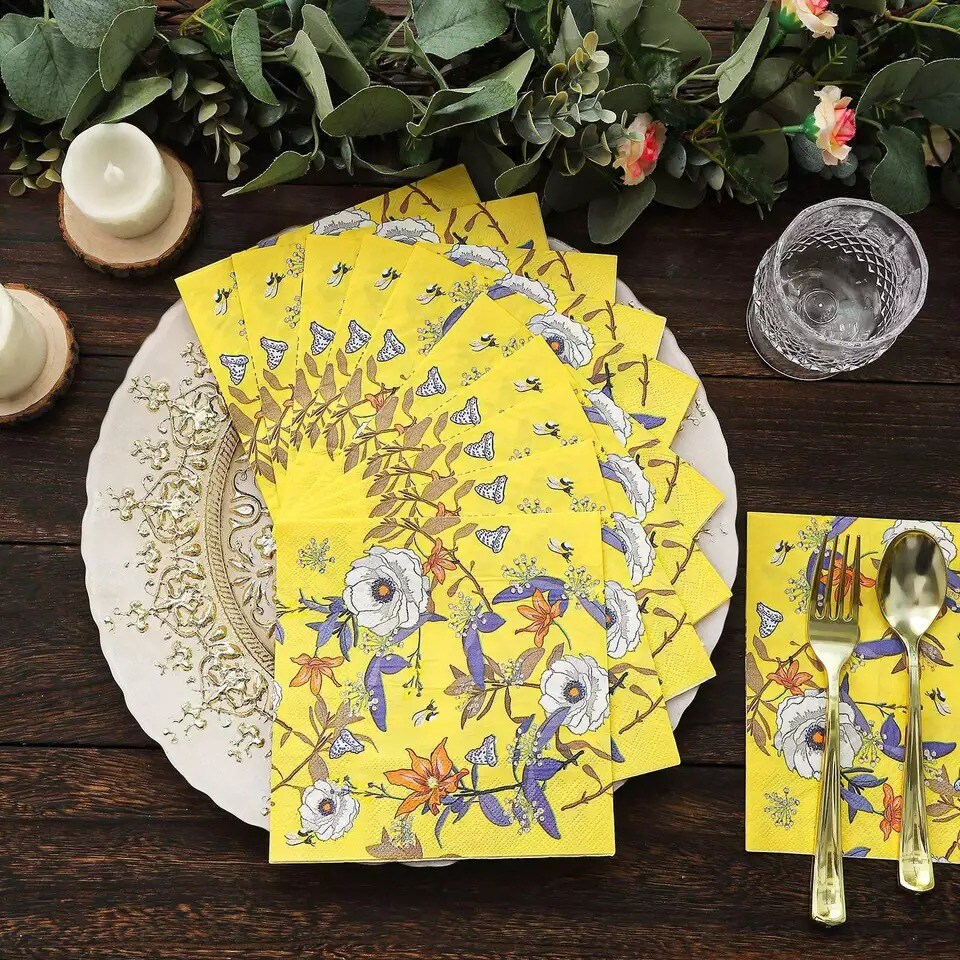 Yellow 20 Disposable 13" x 13" Floral Cocktail Paper Napkins Party Decorations