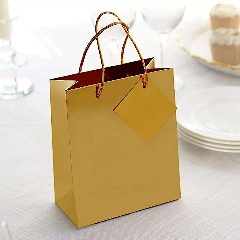 12 Metallic Gold 7&#x22; Paper Favor Gift Bags Handles Party Events Home Decorations