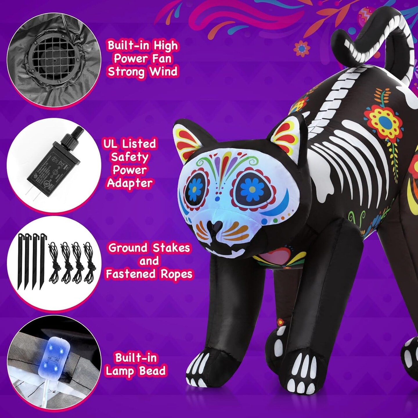 Day of The Dead Inflatable Skull Cat LED Blow Up Decor