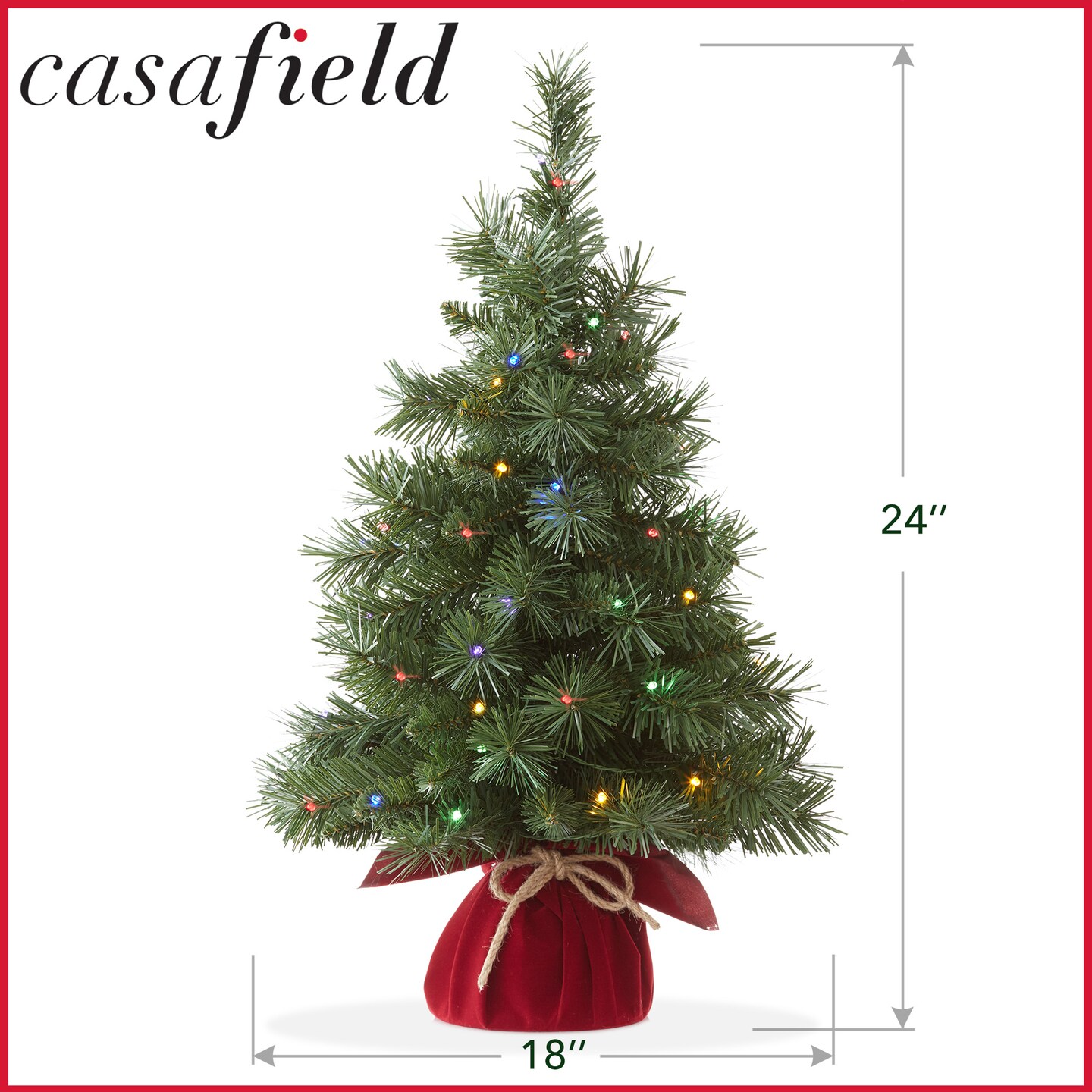 Casafield 2FT Pre-Lit Artificial Mini Christmas Tree, Fir Tabletop Holiday Tree with Lights and Velvet Bag Base