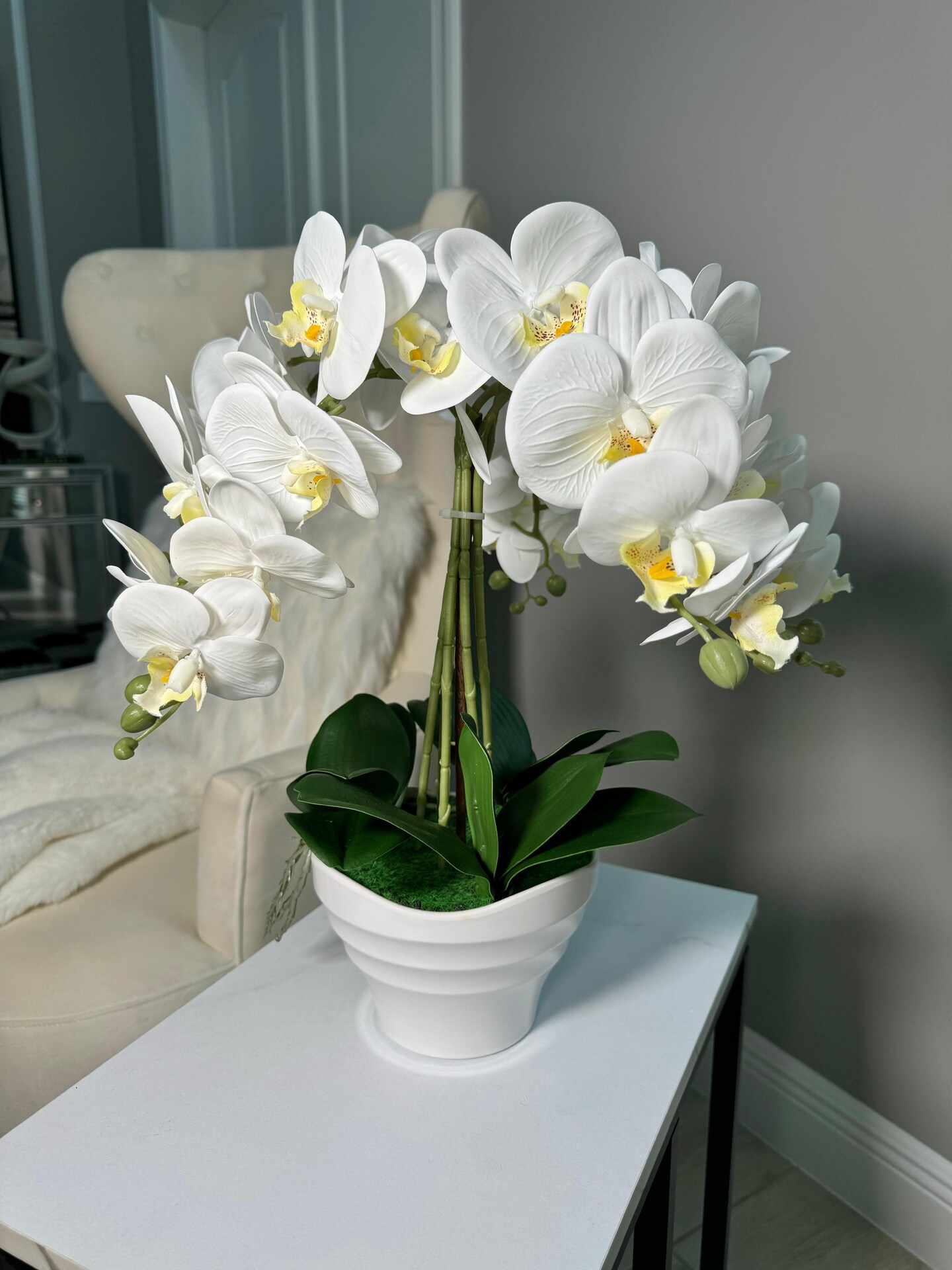 Real Touch Phalaenopsis Orchid Floral Arrangement with White Vase