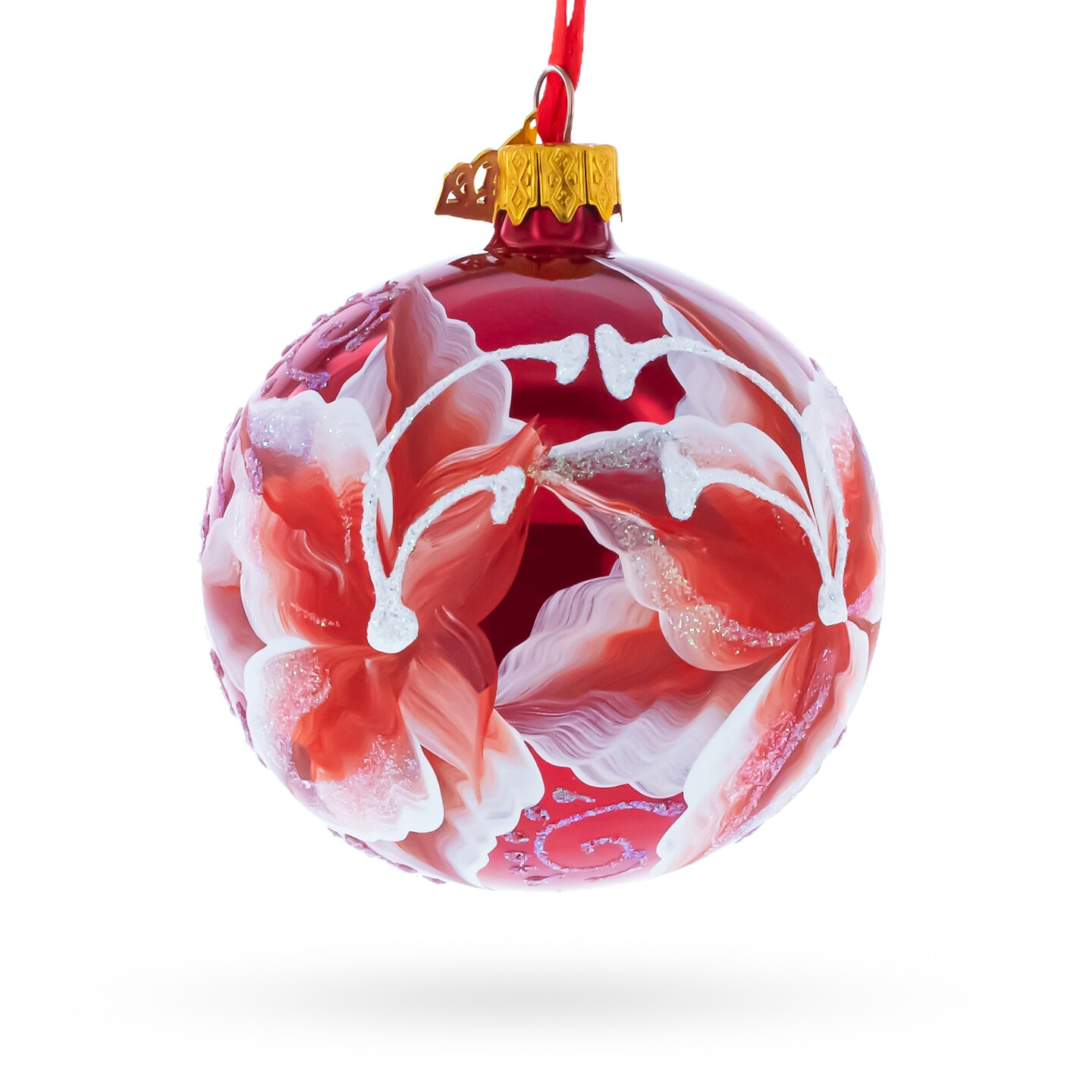 Red Lilies Glass Ball Christmas Ornament 3.25 Inches