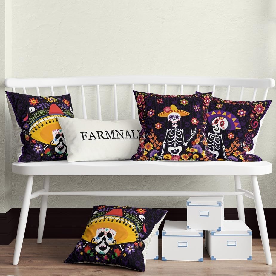 Day of The Dead Pillow Covers Dia De Los Muertos Sugar Skull Flower Throw Pillow Covers 18x18 Set of 4 Day of The Dead Deocr Pillow Case