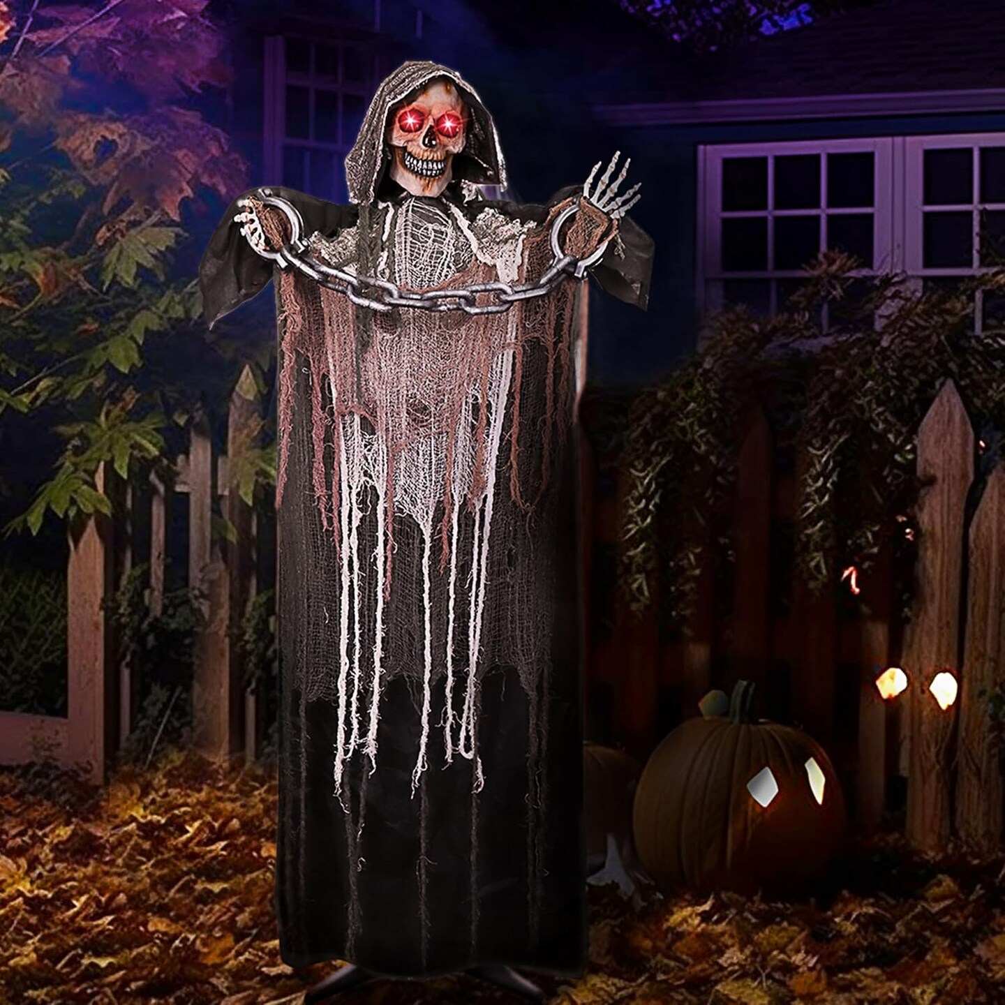 Size Animatronics Grim Reaper with Chain, Sound-Actived Halloween Party Decoration with Creepy Sound, Scary Haunted House Props for Garden Yard Lawn