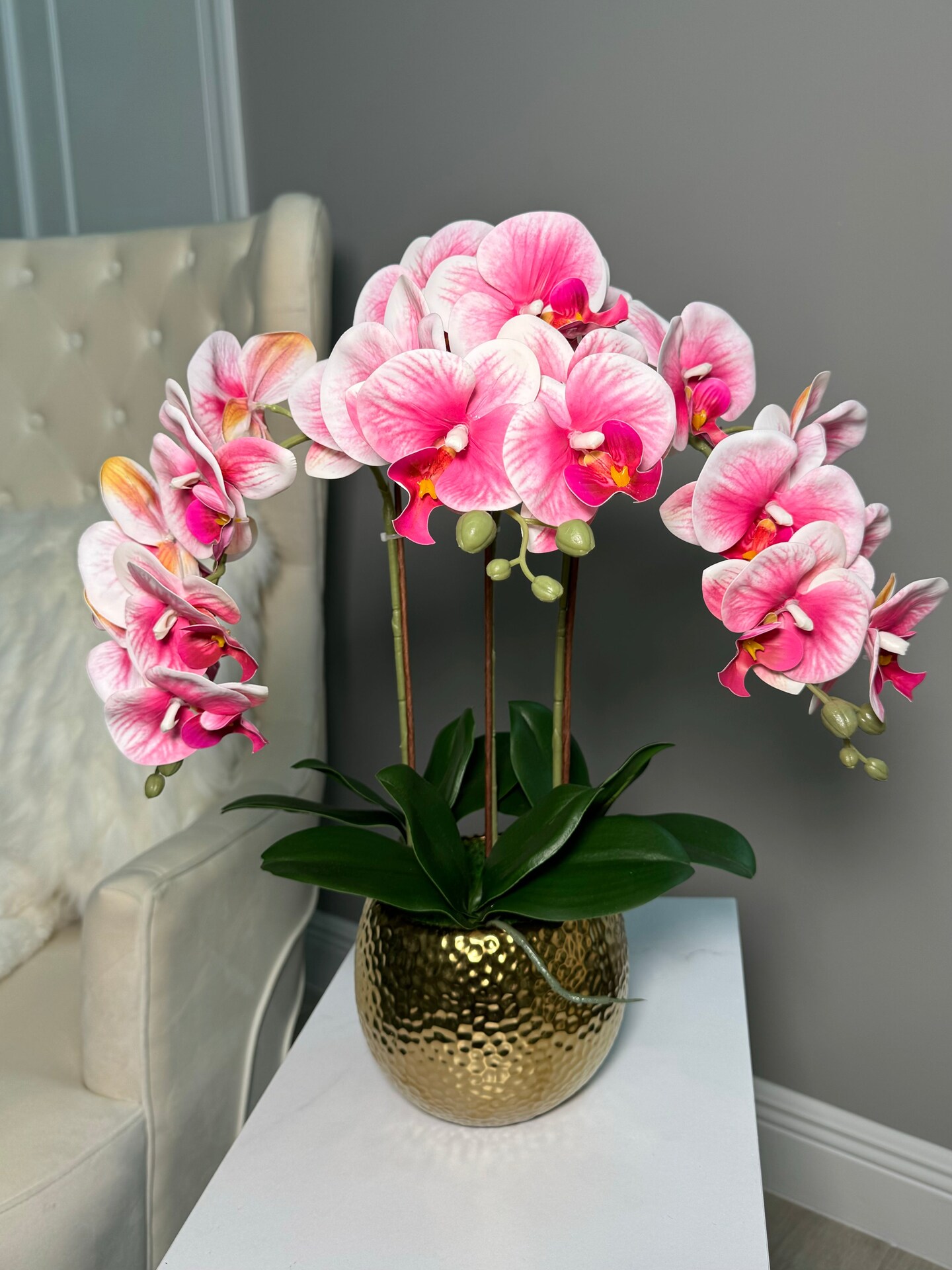 Pink Phalaenopsis Floral Orchid Arrangement in Gold Ceramic Round Hammered Vase