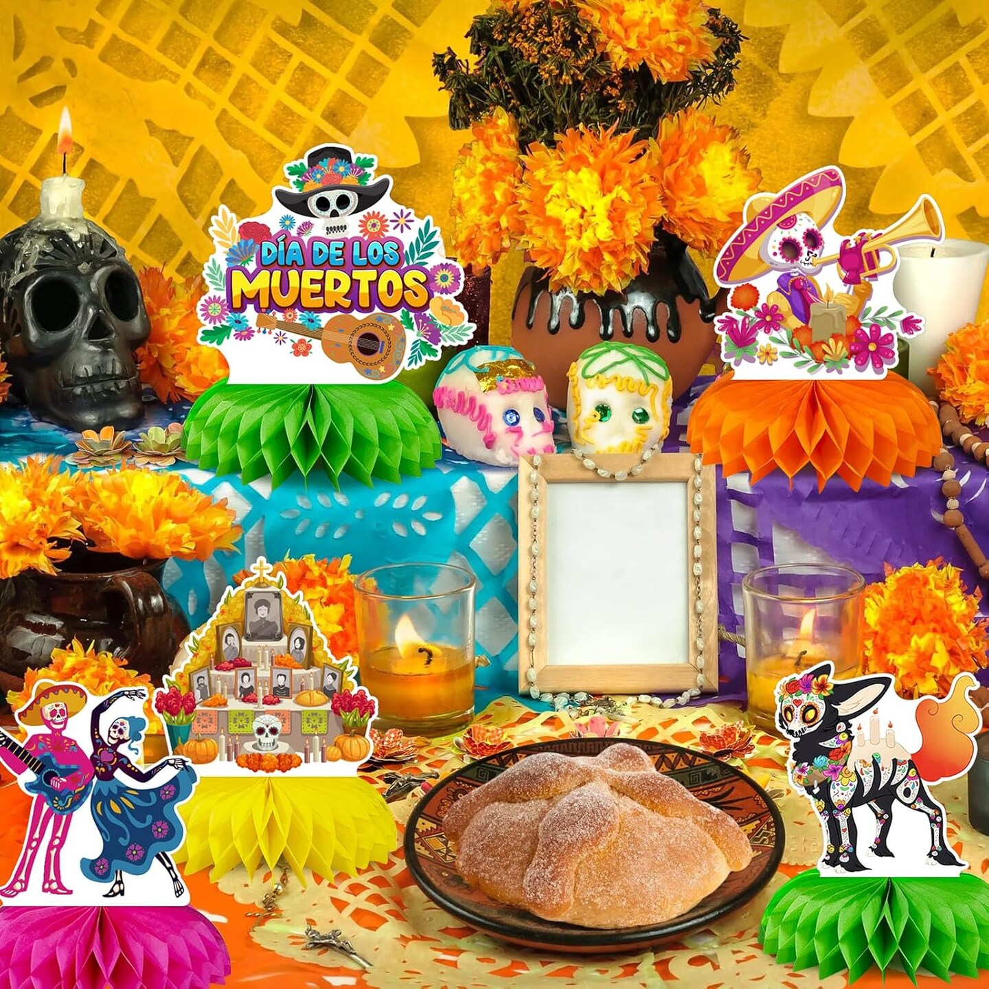 9PCS Day of the Dead Centerpieces, Dia De Los Muertos Table Decorations, Classic Sugar Skull Table Oranaments for Party, Day of the Dead Party Supplies Party Favors