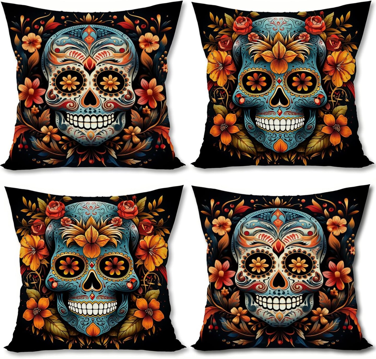 18x18 Set of 4 Sugar Skull Marigold Dia De Los Muertos Mexican Fiesta Party Decorations and Supplies for Home Sofa Couch