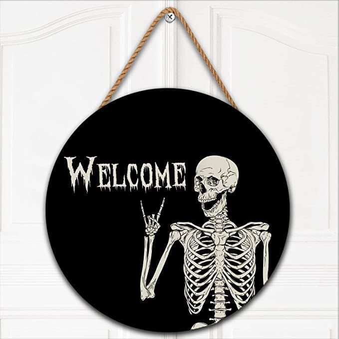 Halloween Wreath Door Sign Decorations Wreath Skull Welcome Door Sign Front for Door Decoration, Rustic Wooden Holiday Decor for Porch Window Wall Farmhouse Indoor Outdoor(Human Skeleton)