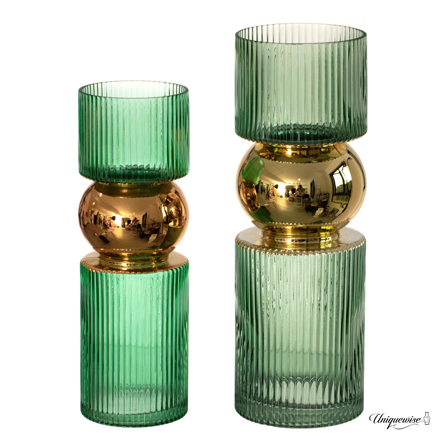 Set of 2 Decorative Green Tall Glass Vase - Modern Minimalist Decor for Parties, and Special Events - Perfect Centerpiece for Coffee Tables, Living Rooms, Dining Tables, Offices, and Farmhouse Decor