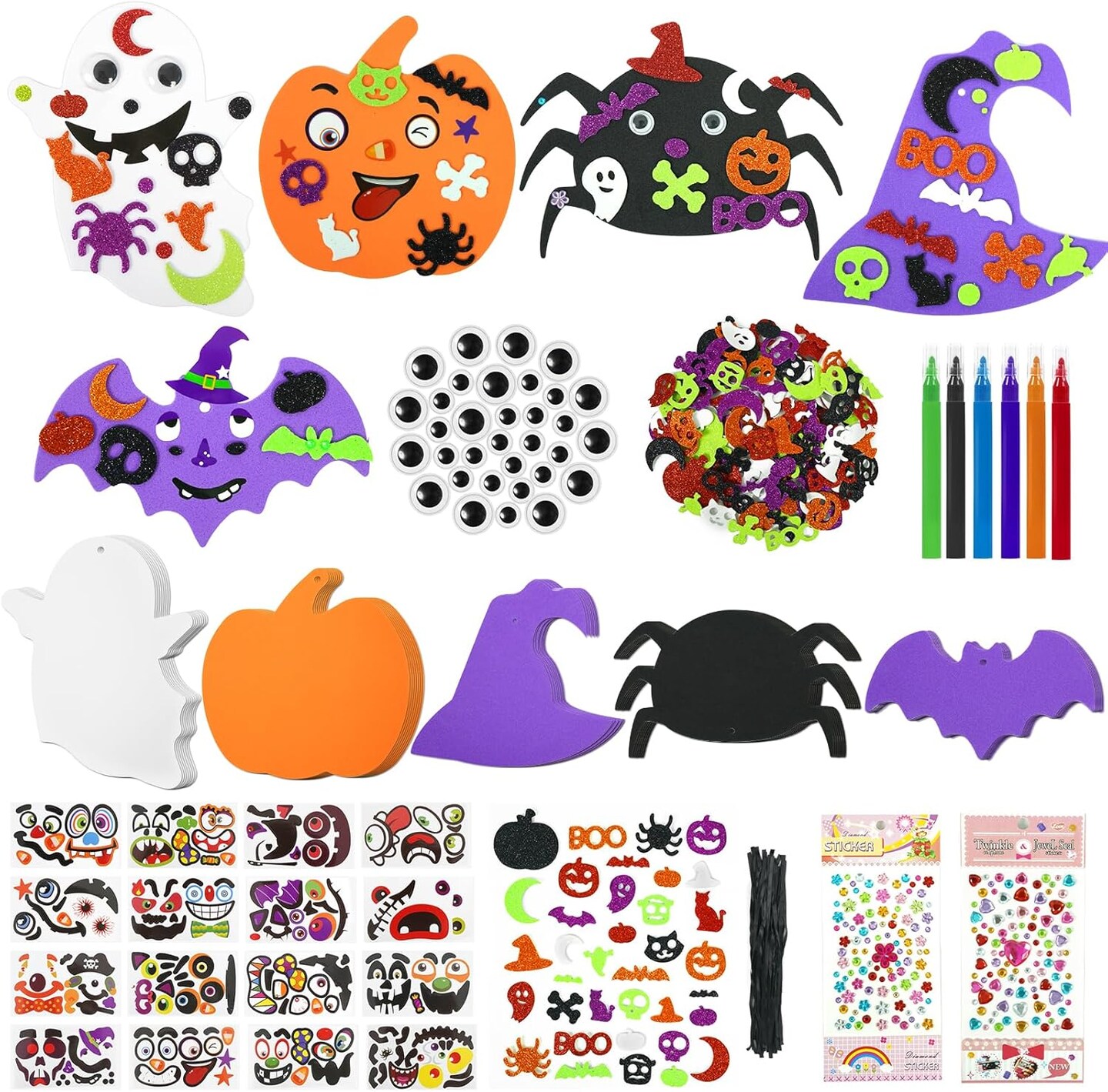 DIY Halloween Crafts Pumpkin Ghost Spider Bat Witch Hat Halloween Decorations, Foam Halloween Ornaments Kit for Party Favors Supplies