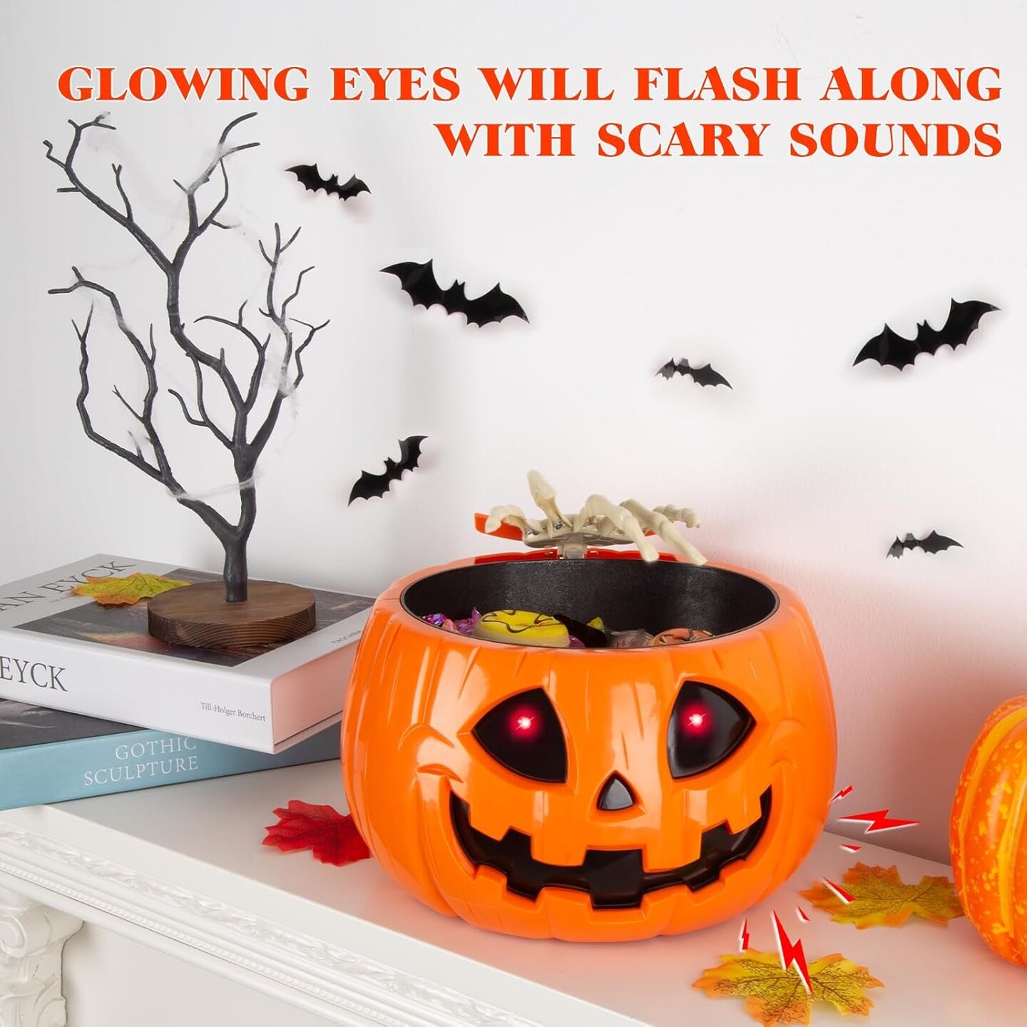 Animatronic Halloween Candy Bowl Decorations - Motion Activated Pumpkin Candy Bowl with Creepy Sound, Skull Hand, Glowing Eyes, for Trick or Treat, Indoor Halloween Party Decoration Candy Bowl