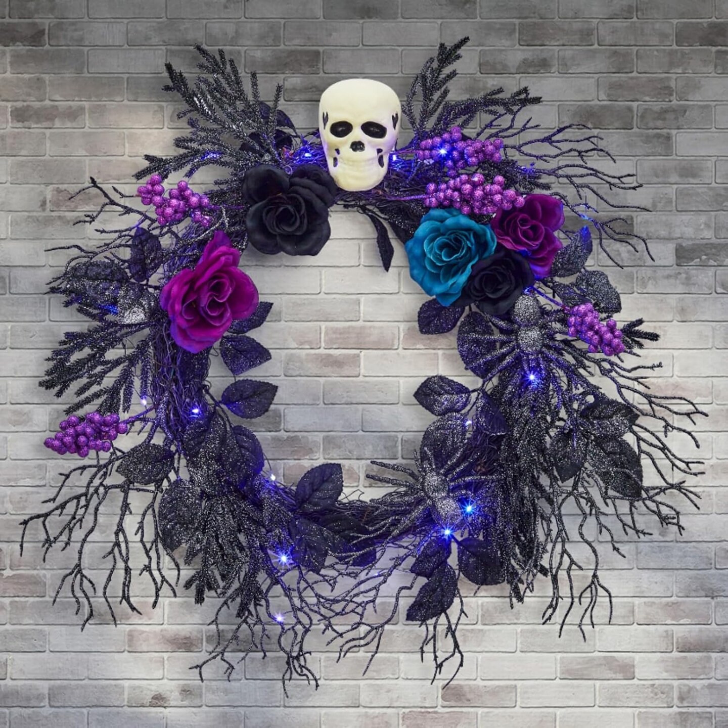 Halloween Skull Wreath for Front Door with Lights, 20 Inch Pre-Lit Black Purple Rose Spider, Gothic Garland Creepy Decor for Home Wall Porch Outdoor Indoor