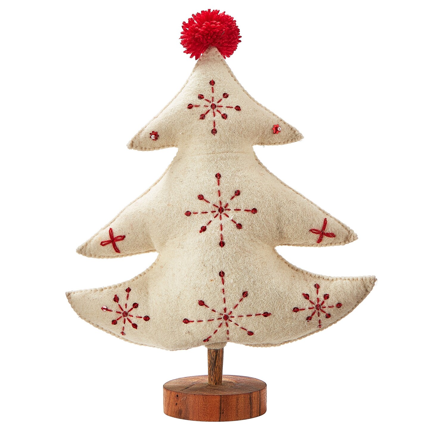 Embroidered Wool Ivory Christmas Tree Decorations for Tabletop or Mantel Small 14 inch