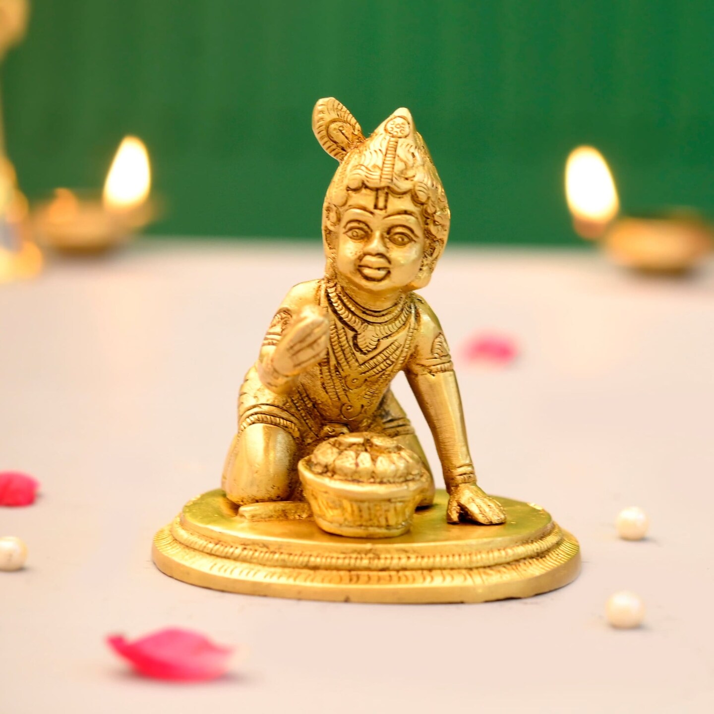 Brass Krishna Laddoo Gopal Kanha Bal Gopal Thakur Ji Makhan Chor Statue Idol Murti Sculpture Figurine for Home Temple Decor - Decorative Showpiece Janmashtami Housewarming Gift (3.5 Inches)