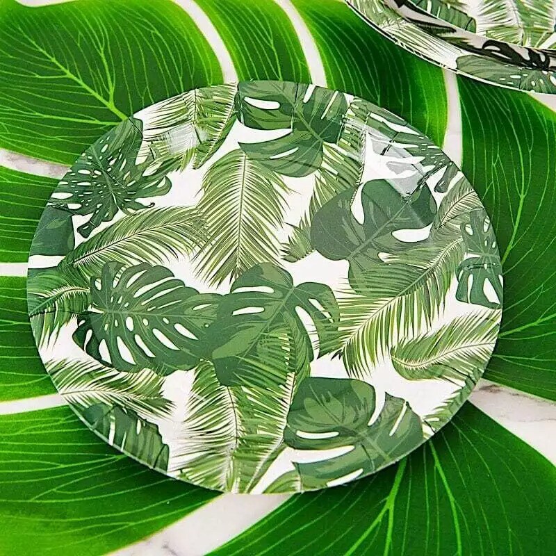 25 White 7&#x22; Round Paper Plates Tropical Leaves Design Party Disposable Tableware