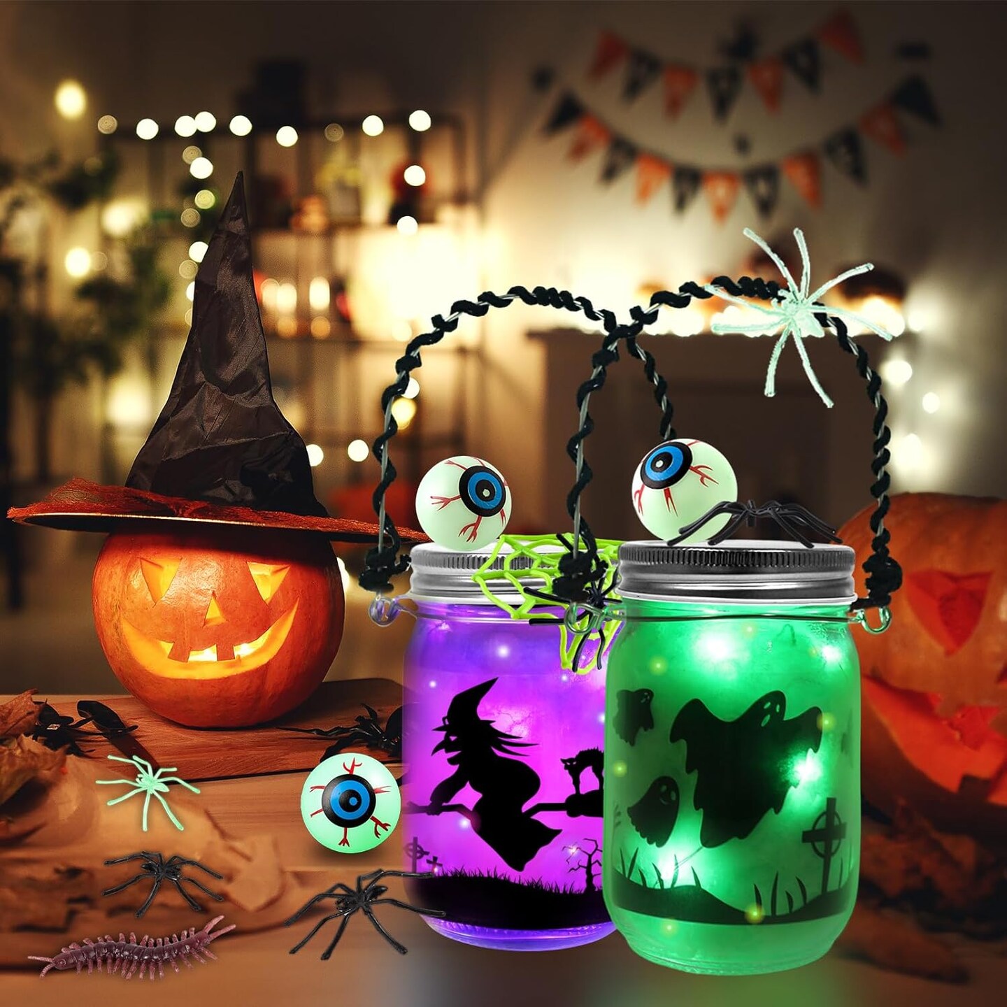 8 PCS Halloween Mason Jar with Accessories for DIY Craft