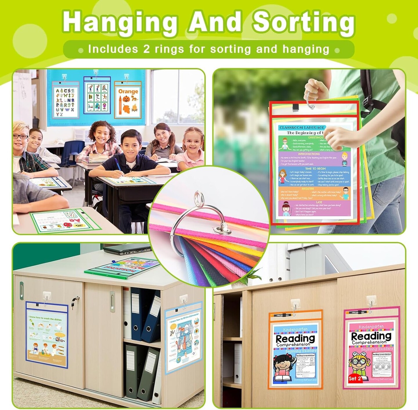 Dry Pockets with 2 Rings, 10 X 14 Oversized Reusable Dry Erase Pocket Sleeves in 10 Colors Bulk, Plastic Clear Sheet Protectors for Classroom School Teacher Supplies Storage