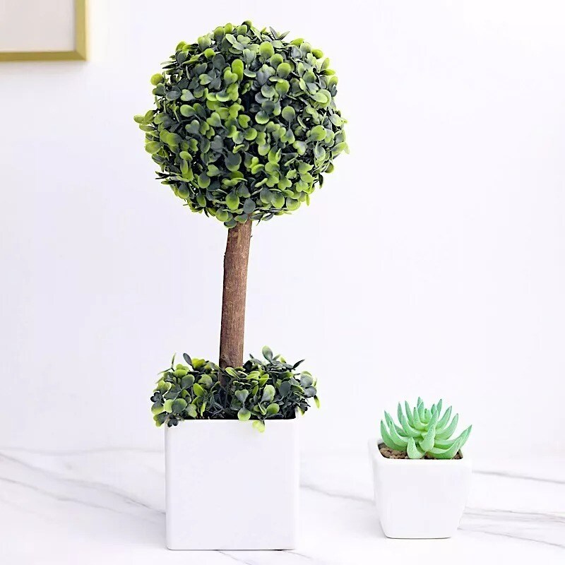16" White Green Plastic Planter Pot Artificial Boxwood Topiary Ball Tree Party
