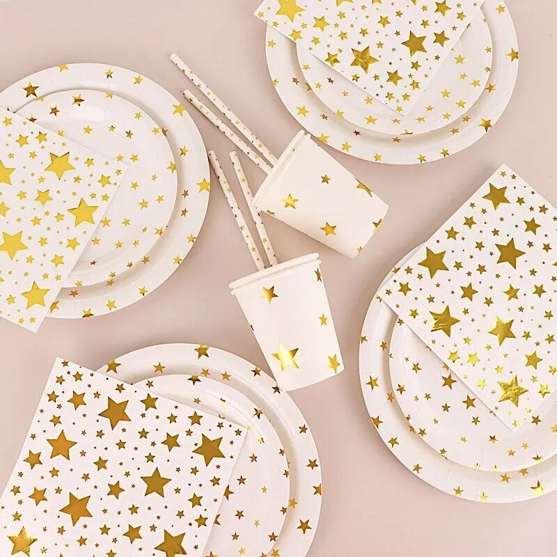 120 White Gold Stars Paper Disposable Tableware Set Party Events Decorations