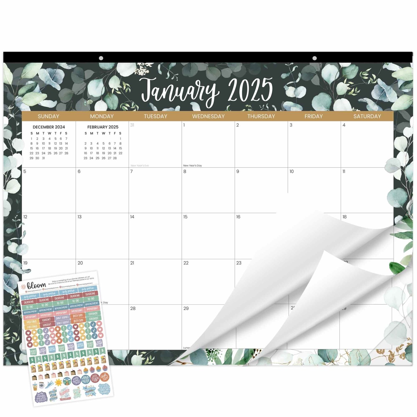 bloom daily planners 2025 Desk & Wall Calendar, 16" x 21", Greenery