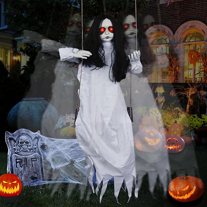 6.2FT Tall Scary Swinging Halloween Doll Decor With Sound & Light Up Eyes - Motion Activated For Outdoor/Indoor Haunted House