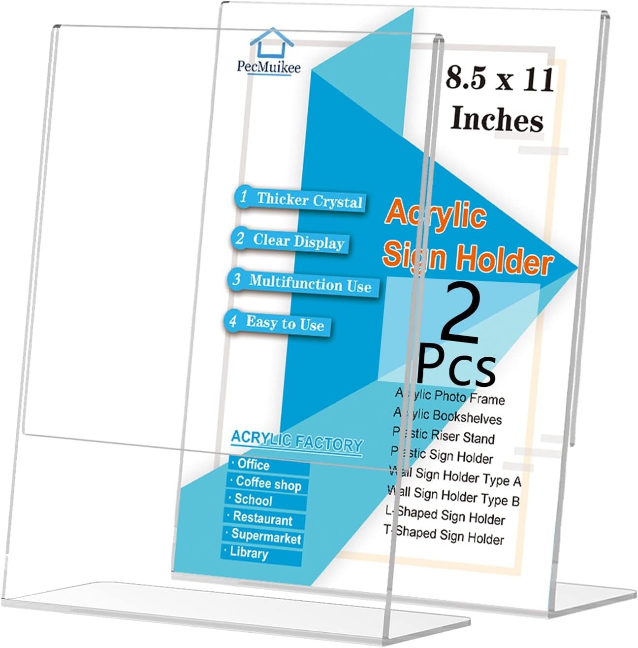 Acrylic Sign Holder 8.5X11, Desktop Slant Back Acrylic Sign Holder and Plastic L Shape Paper Display Stand for Restaurants, Office, Market, Library, Store, School, Hospital, 2 Pcs