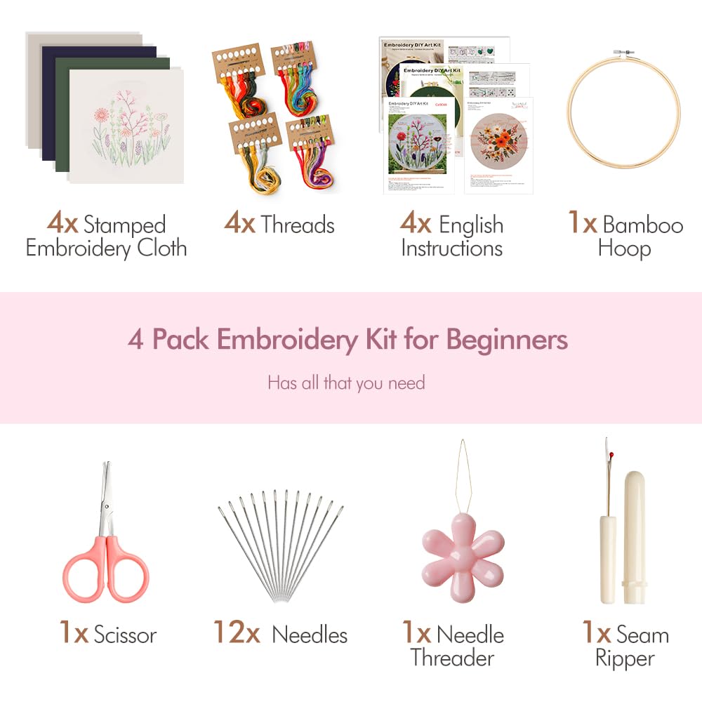 4 Pack Embroidery kit for Beginners Adults DIY Starter Kit, Cross Stitch Kits with Flower Stamped Patterns, Embroidery Hoop, Tools,Colorful Threads,Step by Step Instructions,Hand Craft Lover Gift