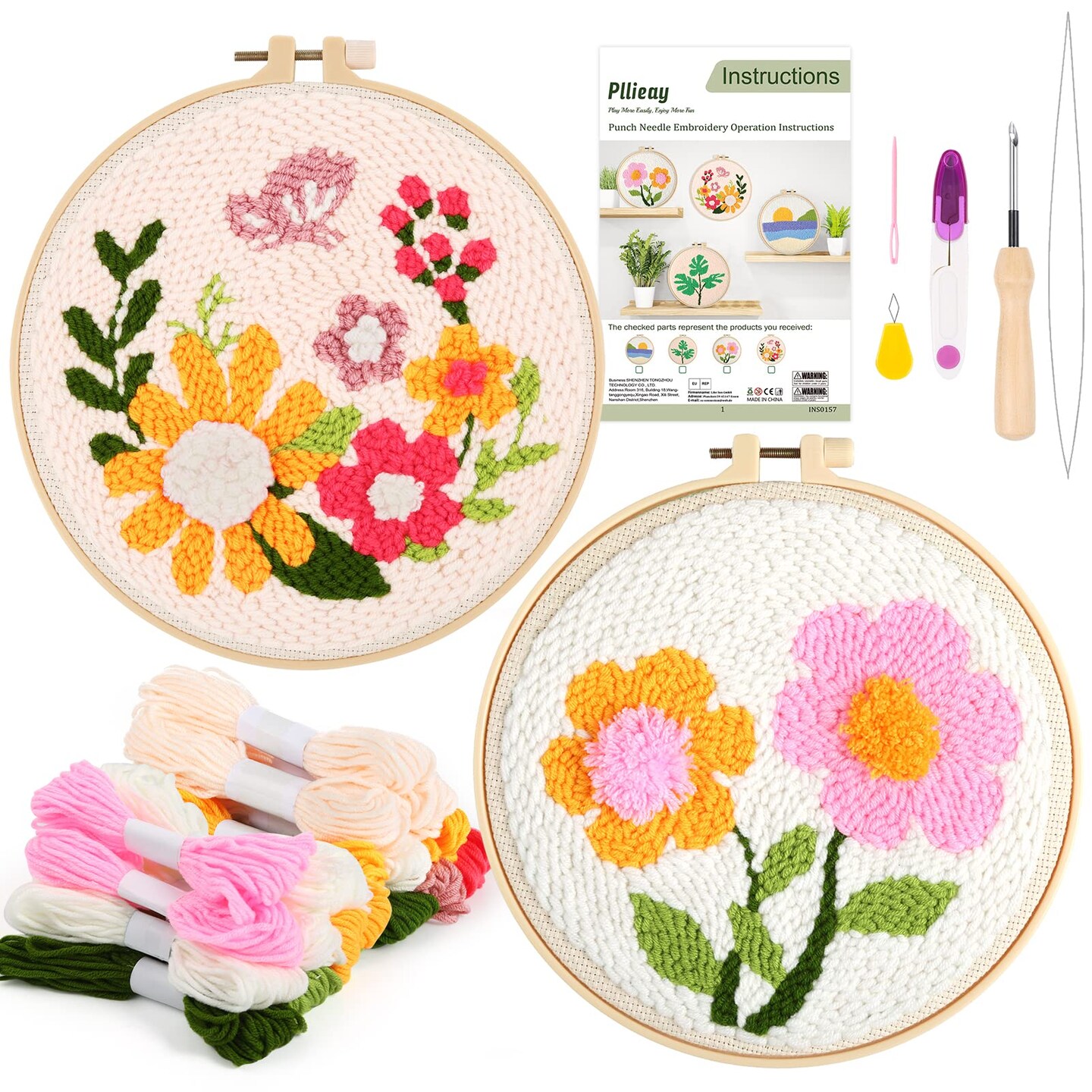 2 Set Punch Needle Embroidery Starter Kits Include Instructions, Punch Needle Fabric with Pattern, Yarns, Embroidery Hoops for Rug-Punch & Pinch Needle