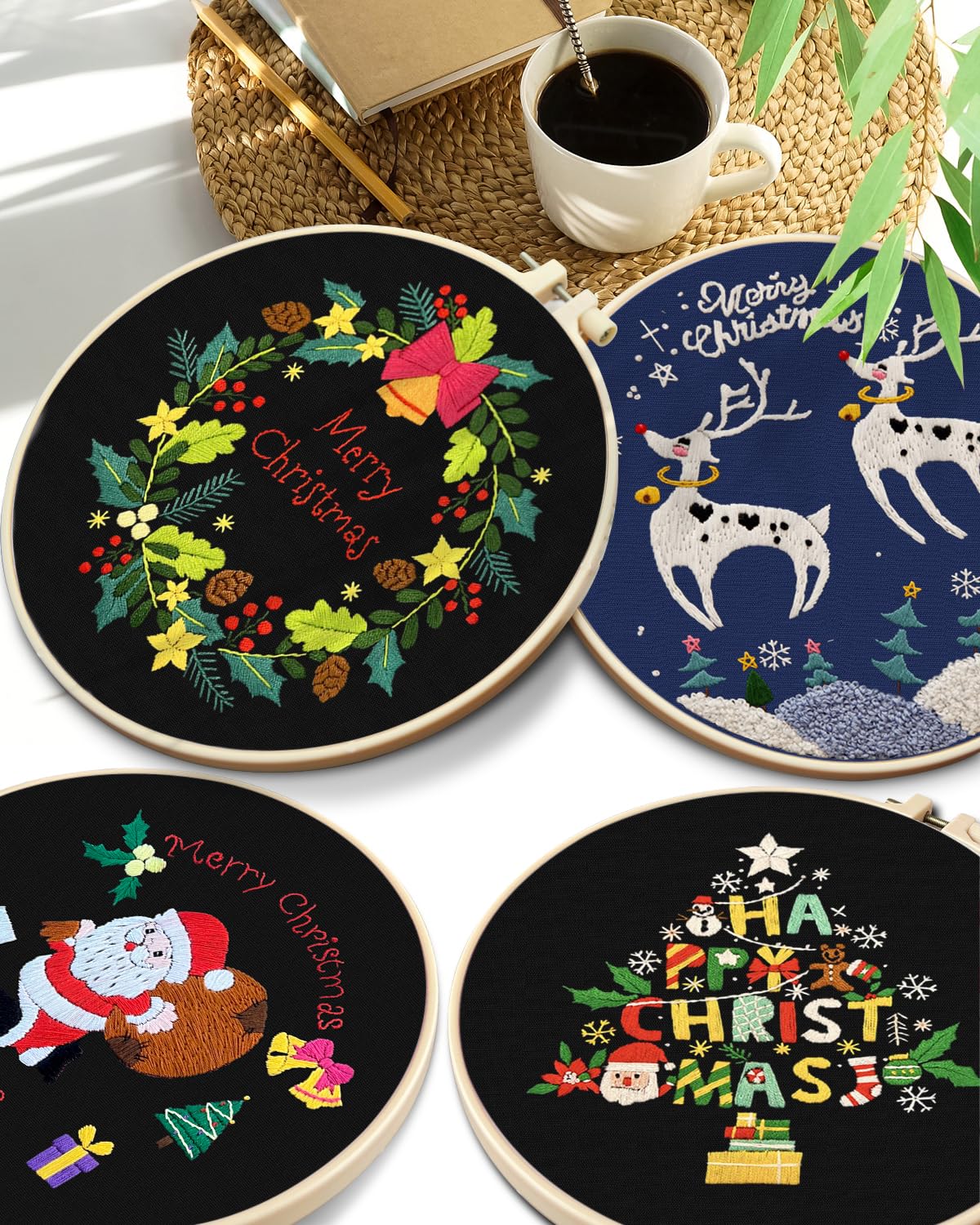Christmas Embroidery Kit for Adult, 4 Pack Embroidery DIY Starter Kit, with Stamped Patterns, Hoop, Tools, Colorful Threads with Needles, Instructions