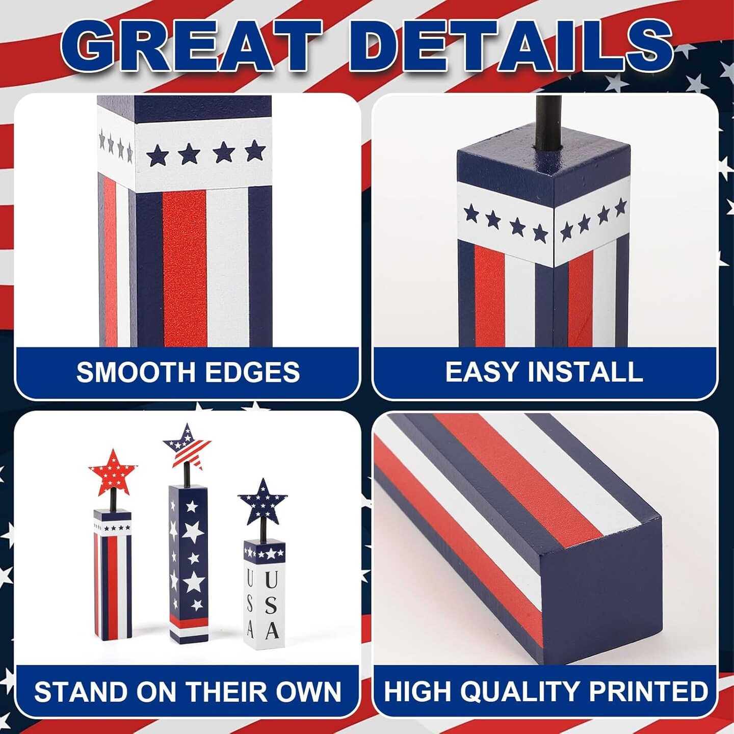 Wooden 4th of July Decorations Set, Red White Blue Decor, Patriotic Memorial Day Tabletop Decor, Labor Day Decorations, Fourth of July Decoration for Home Office Table (Flag Print)