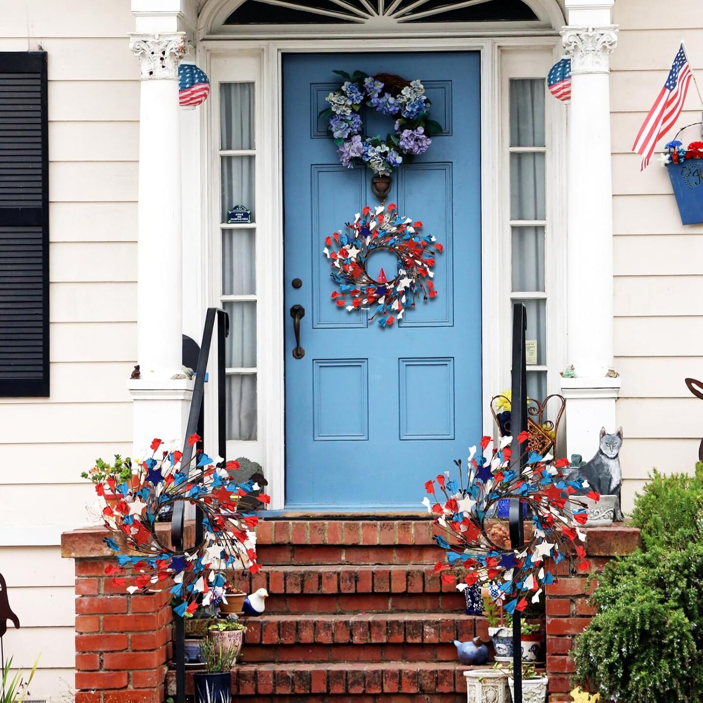 6 Pcs Mini 4th of July Wreaths Patriotic Red White and Blue Candle Rings Independence Day Memorial Day Farmhouse Artificial Garland Pillars Holder Decoration for Table Decor