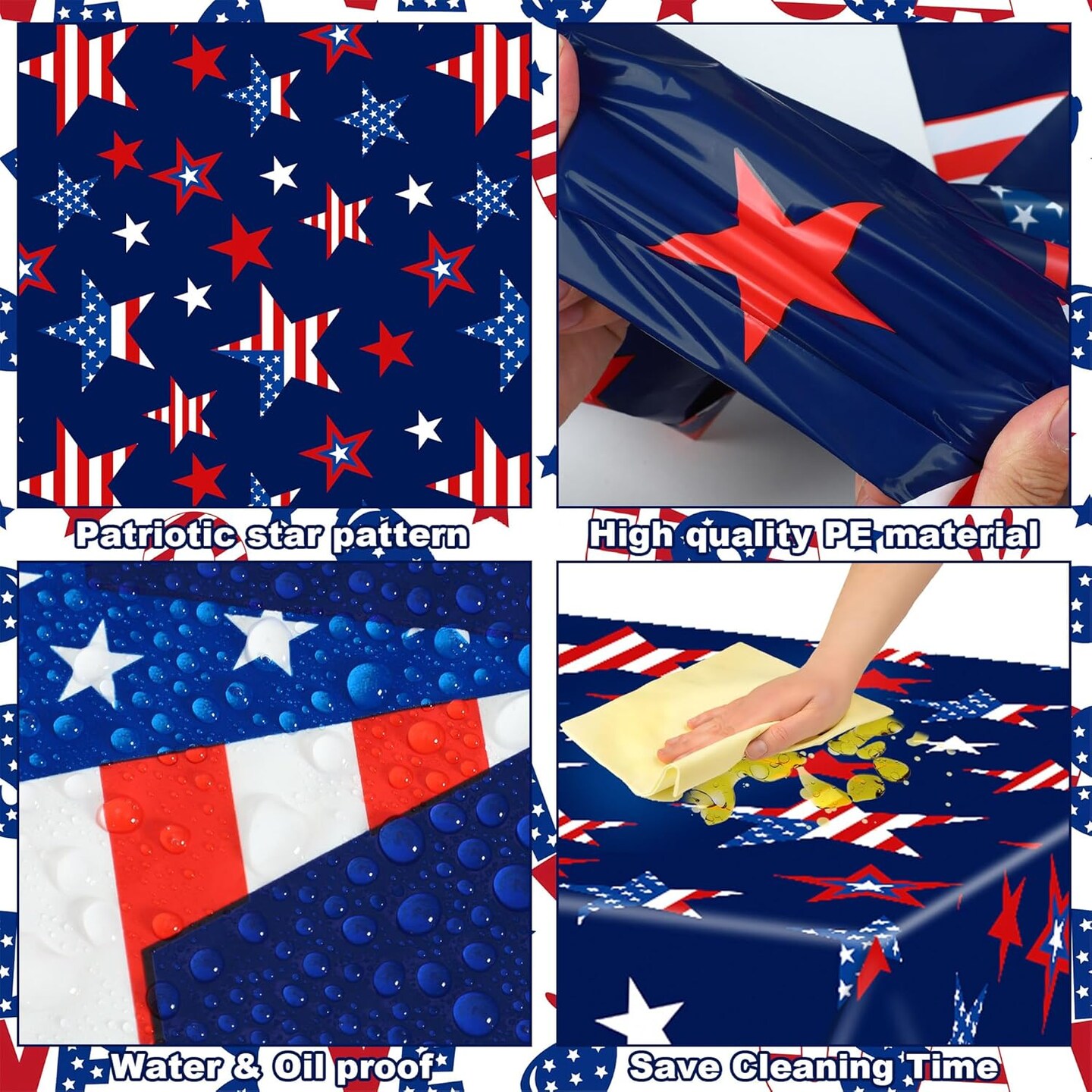 4 Pcs Patriotic Plastic Tablecloth Red White Blue Star Disposable Table Covers 54 x 108 Inch Rectangle Tablecloths