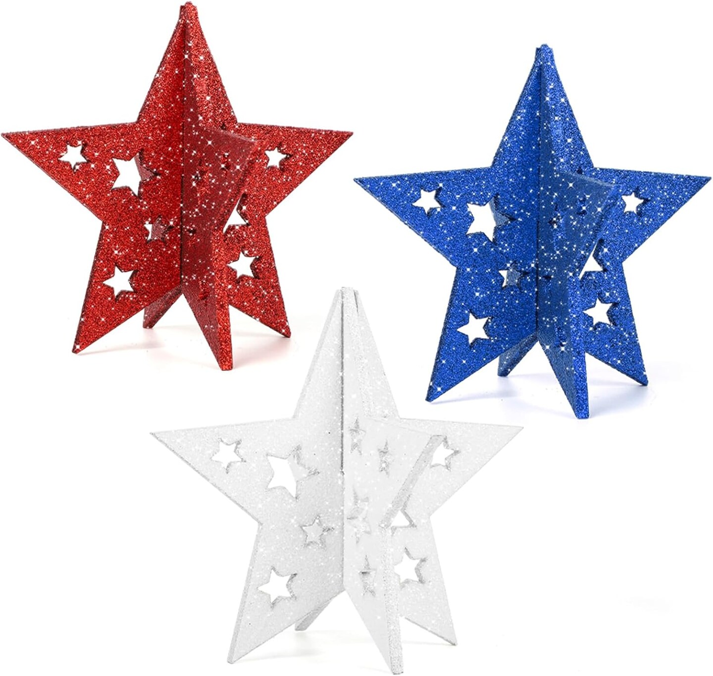 Labor Day Decorations Wooden Stars Set, 3D Glitter Star Memorial Day Tabletop Decor, 4th of July Red White Blue Patriotic Decoration for Home Table Desk Door Shelf (Cutout, Set of 3)