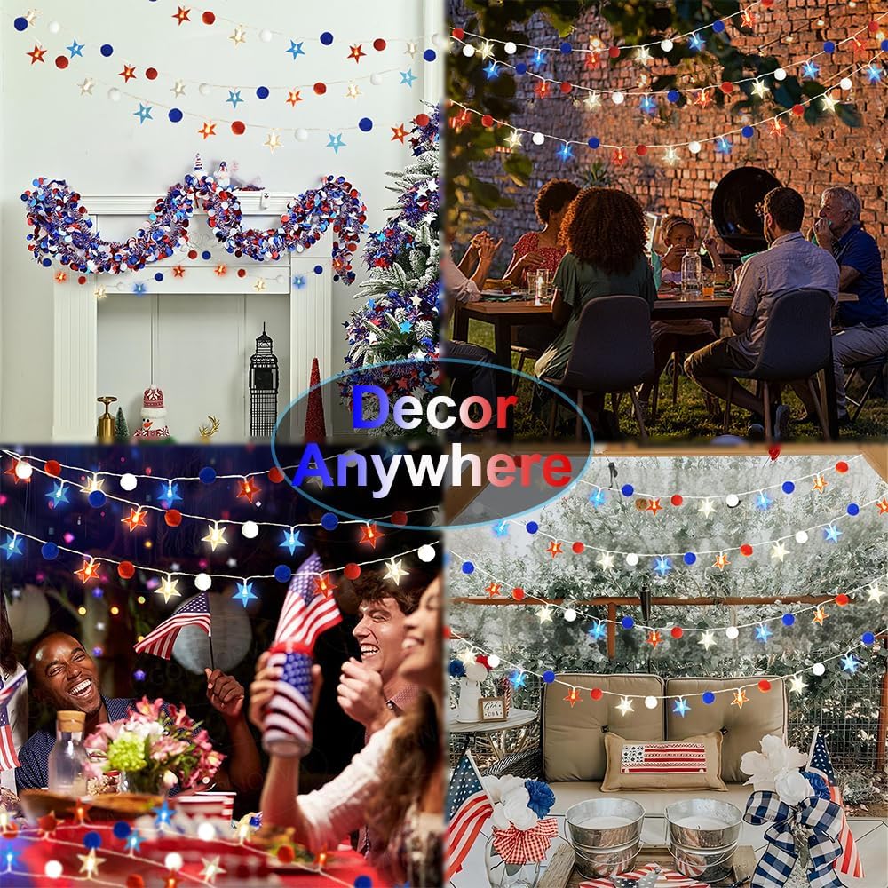Red White and Blue Star String Lights 4th of July Decorations Pom Pom Star Lights Battery Operated with Timer Fairy Lights for Independence Day Memorial Patriotic Fourth of July Decor for Home