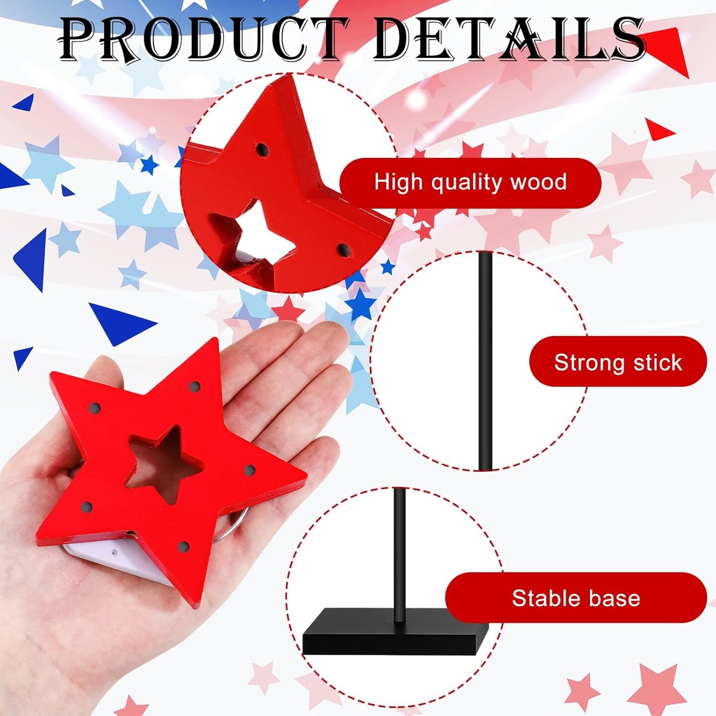 3pc Light-Up Patriotic Wooden Stars - Hollow LED Star Centerpieces for 4th of July