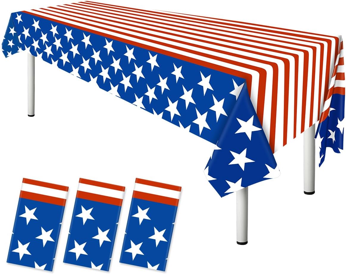 4th of July Decorations, 3 Pack Fourth of July Tablecloth American Flag Plastic Table Cloth,