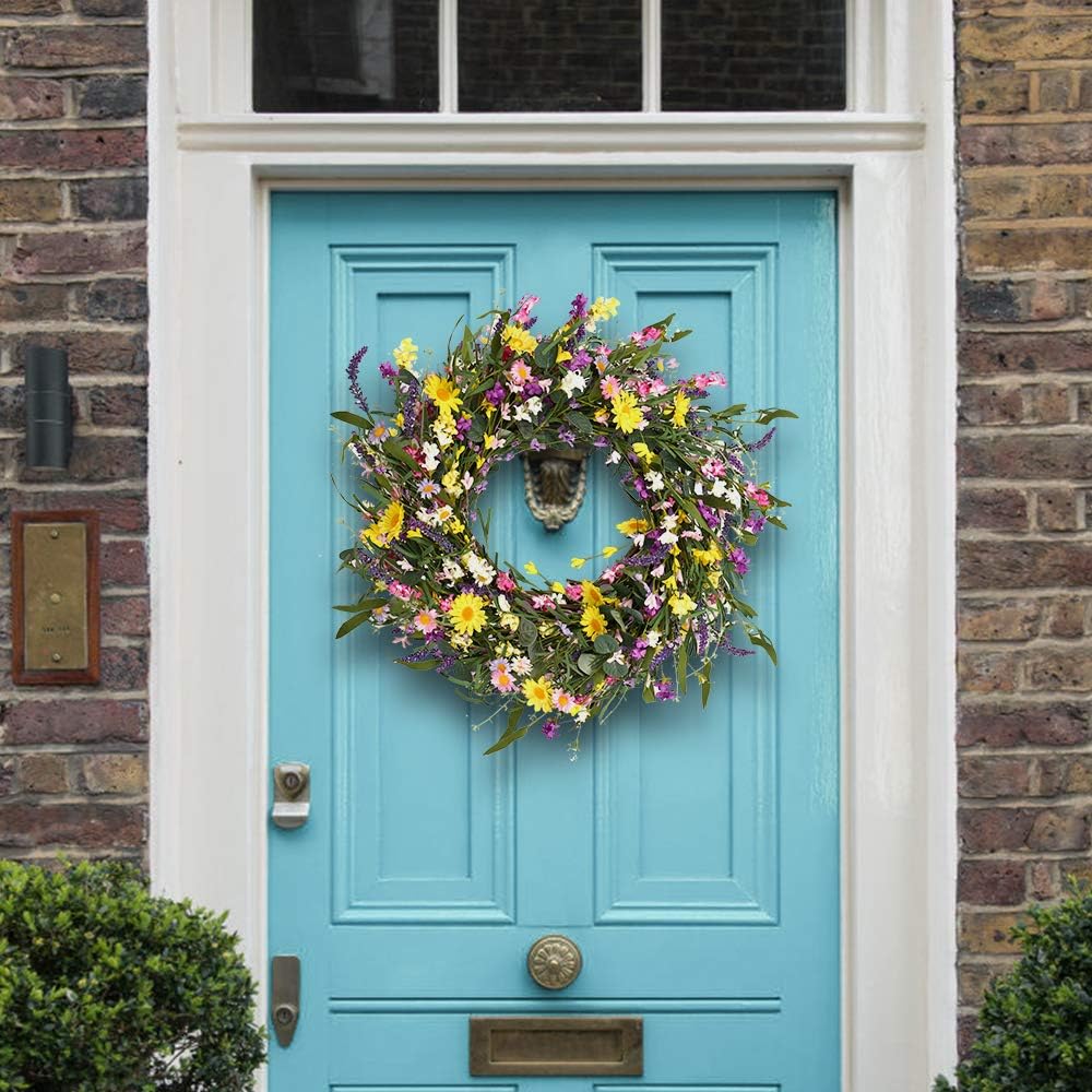 Summer Wreath 24 Inch Summer Wreaths for Front Door Artificial Flower Wreath with Daisy and Lavender for Indoor Outdoor and Easter Celebration
