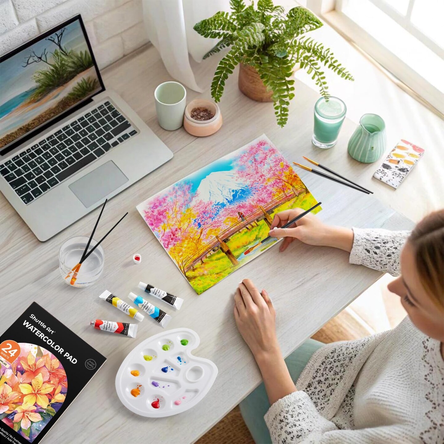 48 Pack Watercolor Paint Set, 36 Colors Watercolor Paint in Tubes (12ml Each) with 10 Brushes, 1 Watercolor Pad, 1 Palette, Premium Watercolor Kit for Artist, Beginners, Kids