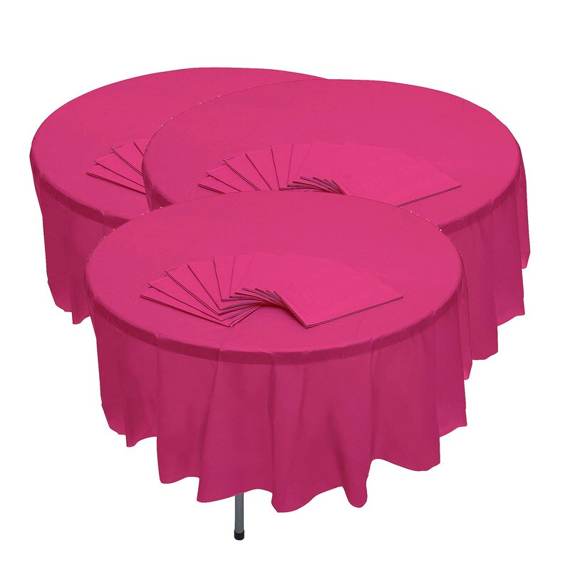 82&#x22; Bulk Pack of 12 Hot Pink Banquet Style Round Disposable Plastic Tablecloths