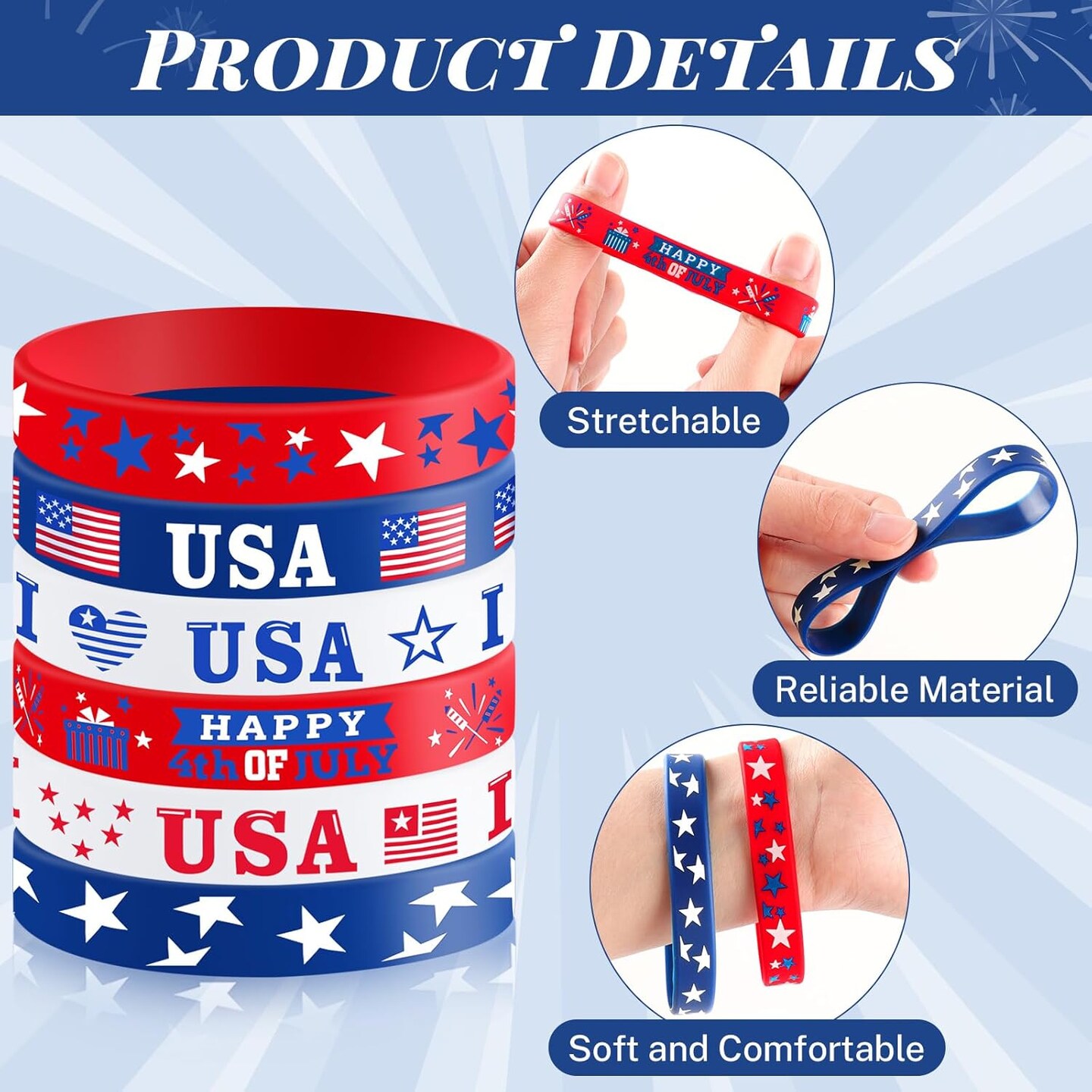 30 PCS 4th of July Bracelets, Red White and Blue Patriotic Rubber Bracelets&#xFF0C;American Flag Silicone Wristbands for Independence Day Party Supplies