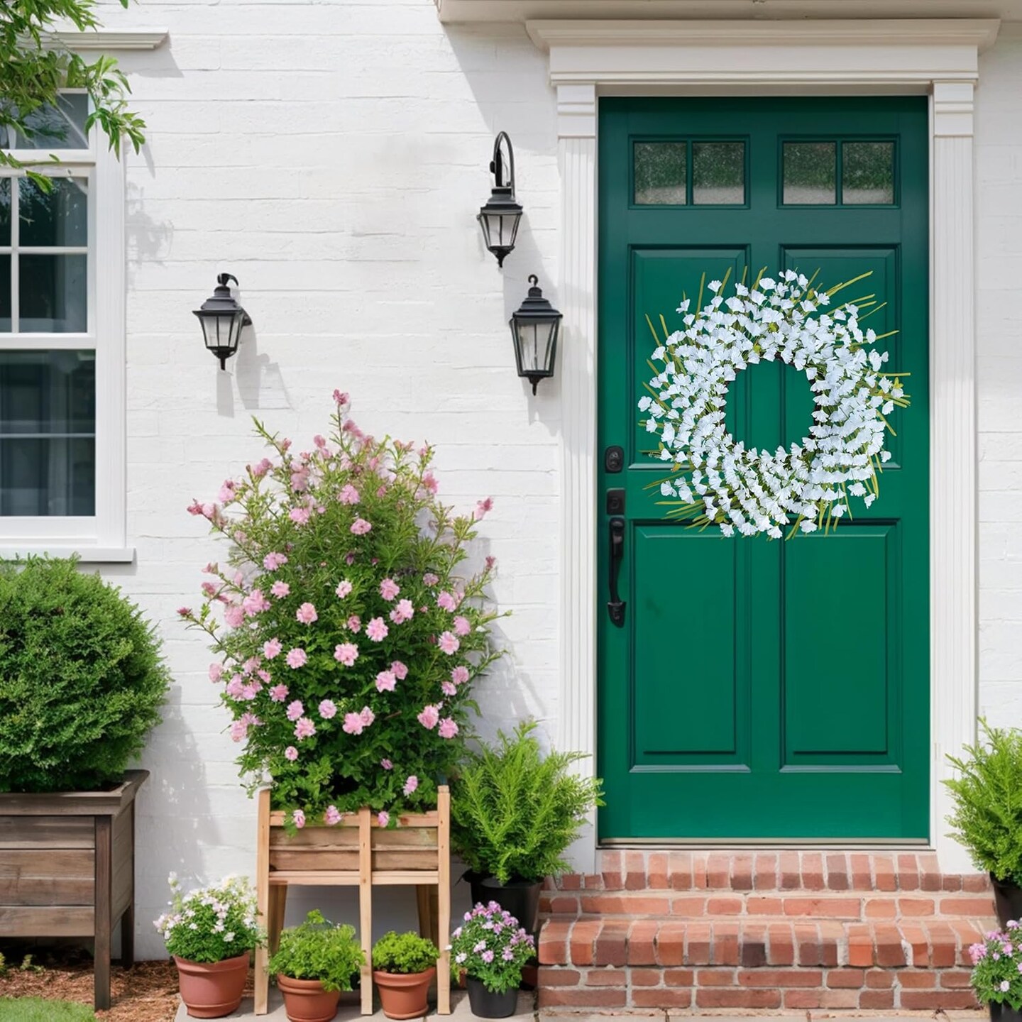 White Summer Wreath 24 Inch Artificial Summer Wreaths for Front Door Summer Floral Wreath with White Flowers Berries for Wall Porch Farmhouse Summertime Holidays