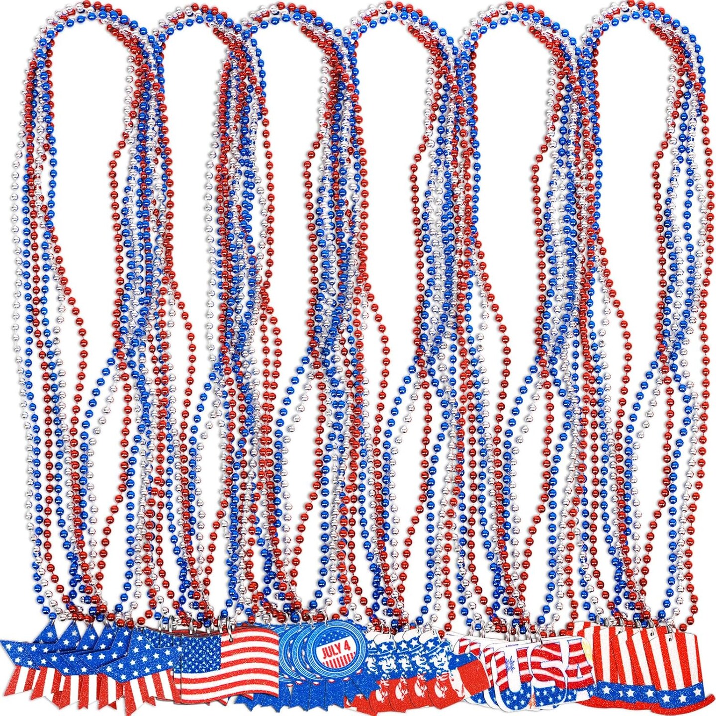 36PCS 4th of July Patriotic Necklaces – Red, White & Blue Beads with Star and Uncle Sam Hat Pendants, Bulk Party Favors for Independence Day, Memorial Day, and Holiday Decorations