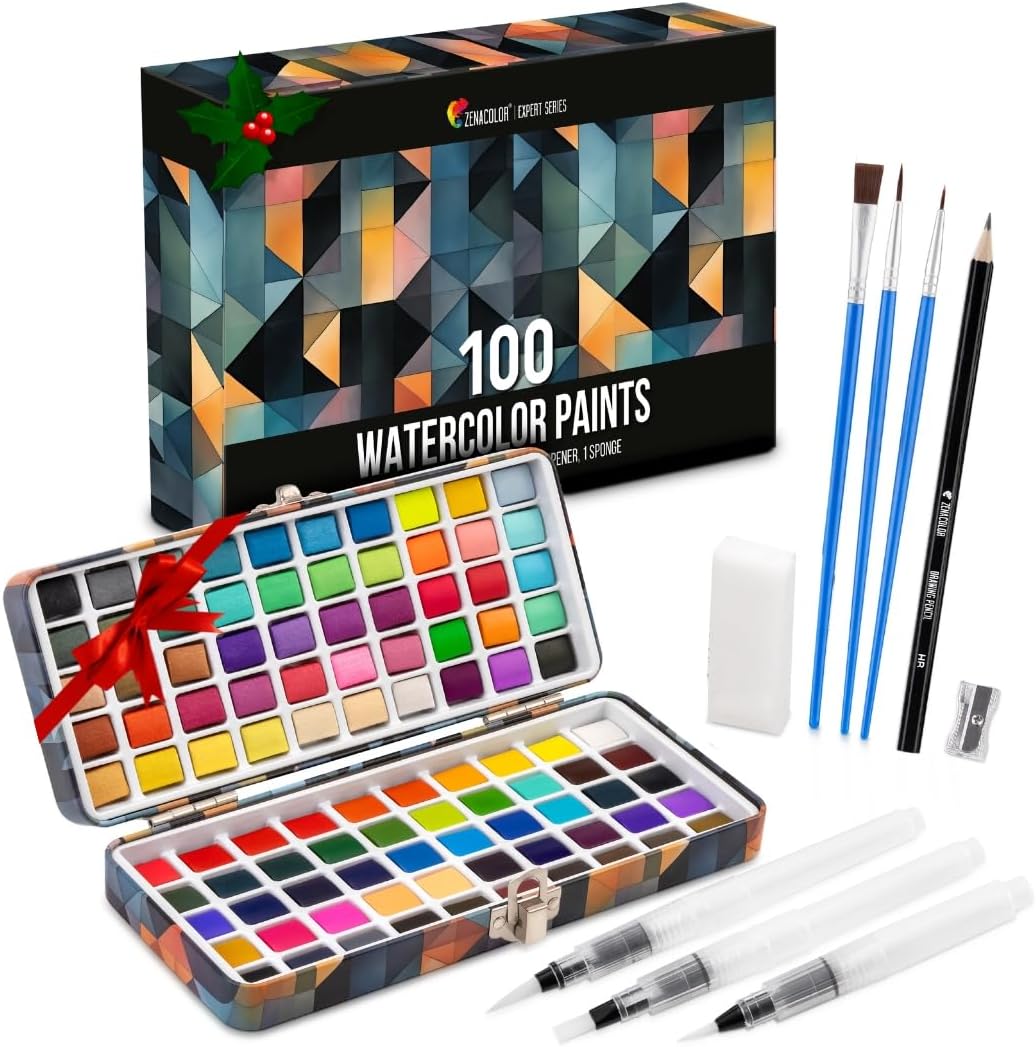 Watercolor Paint Set with 100 Colors - Water Color Pallet Adult &#x26; Kids with 3 Brush Pens - Vibrant, Neon, Pastel &#x26; Metallic Watercolor Paint