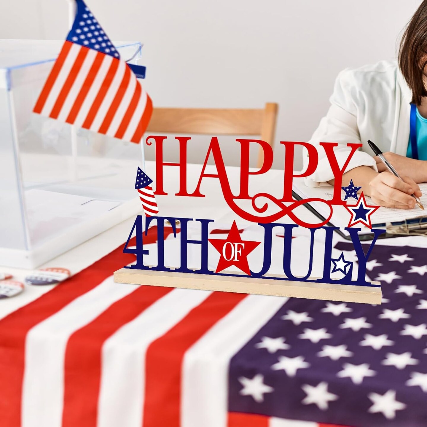Metal Happy 4th of July Sign, Red Blue and White Decorations for Home, Office, Shelf, Mantel, Indoor, Fouth of July Decoration, Patriotic Star Tabletop Decor (Independence Day)