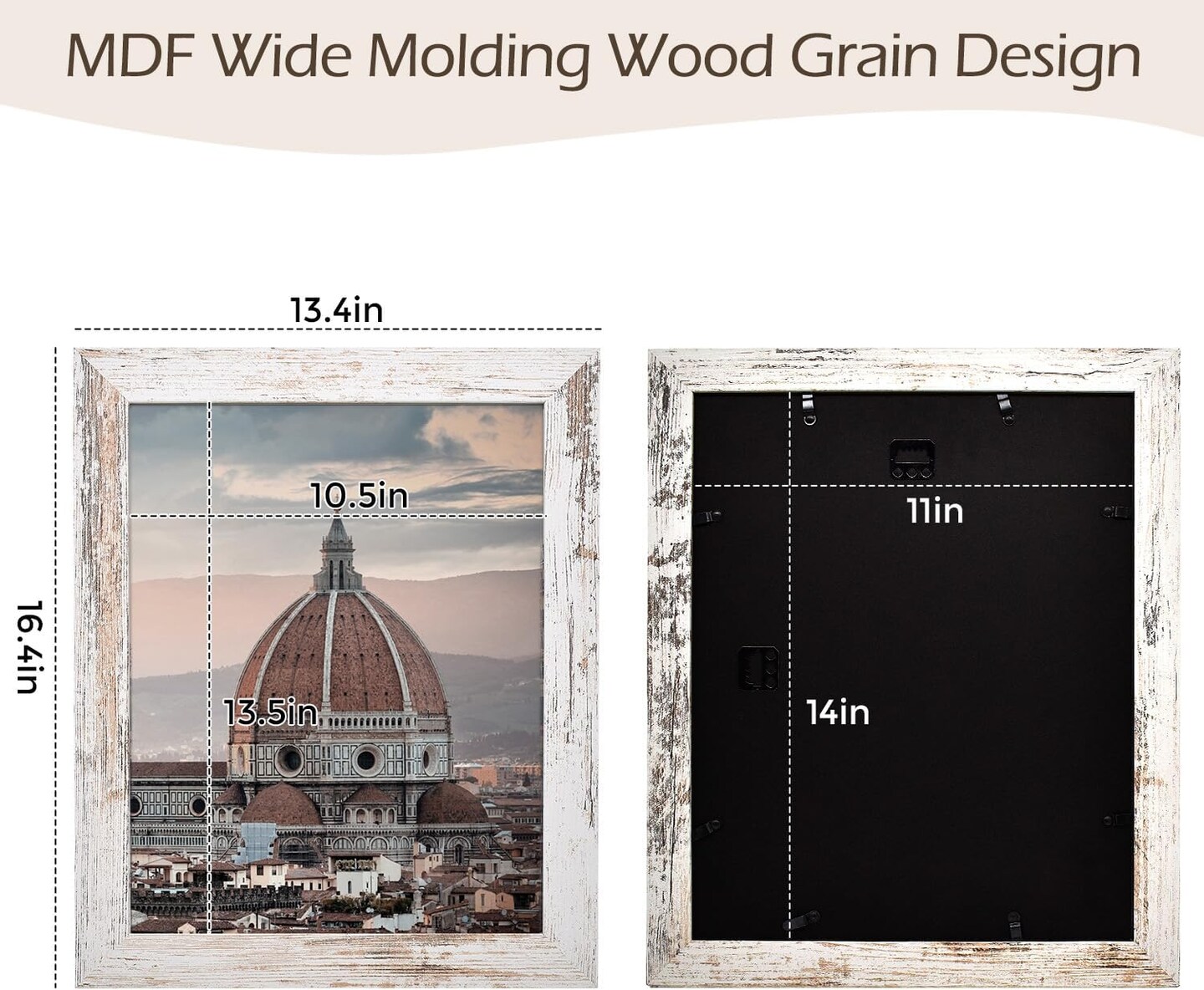 11x14 Picture Frame - Country Wood Grain Style - Wide Molding, Back Hangers for Wall Display - Great for Photos, Gift, Pictures, Wedding, Portraits (2 Pack, White)