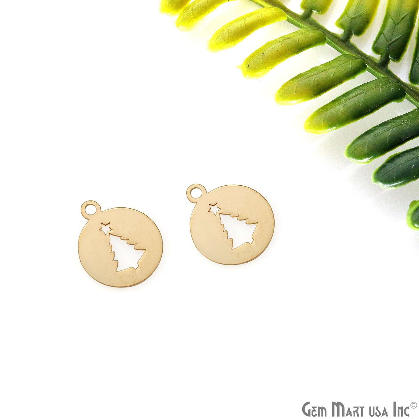 Christmas Tree Round Shape Laser Finding Gold Plated 13x16mm Charm For Bracelets &#x26; Pendants