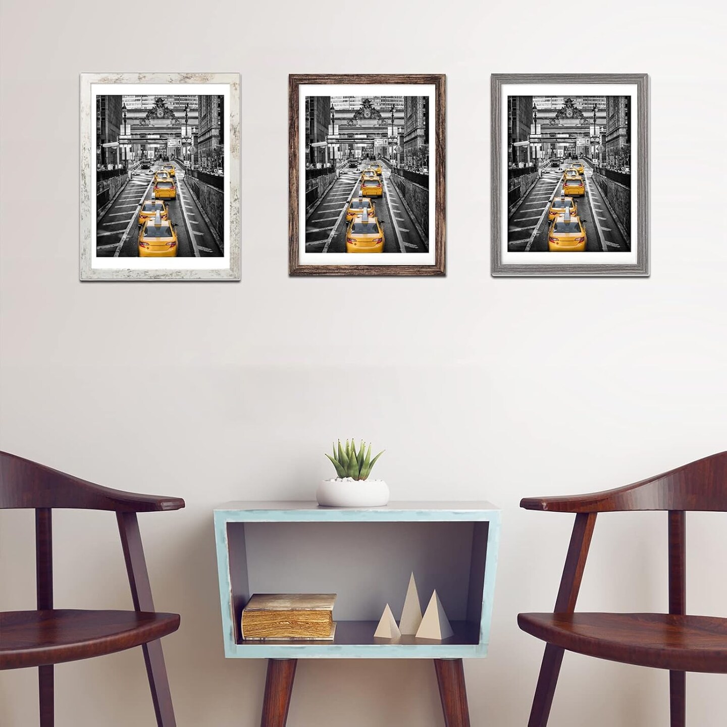 12x16 Frames Set of 3 Display Pictures 11x14 with Mat or 12x16 Diamond Paintings Without Mats Farmhouse Distressed Picture Frames Wall Art for Living Room Wall Mounting Decor - Multicolour