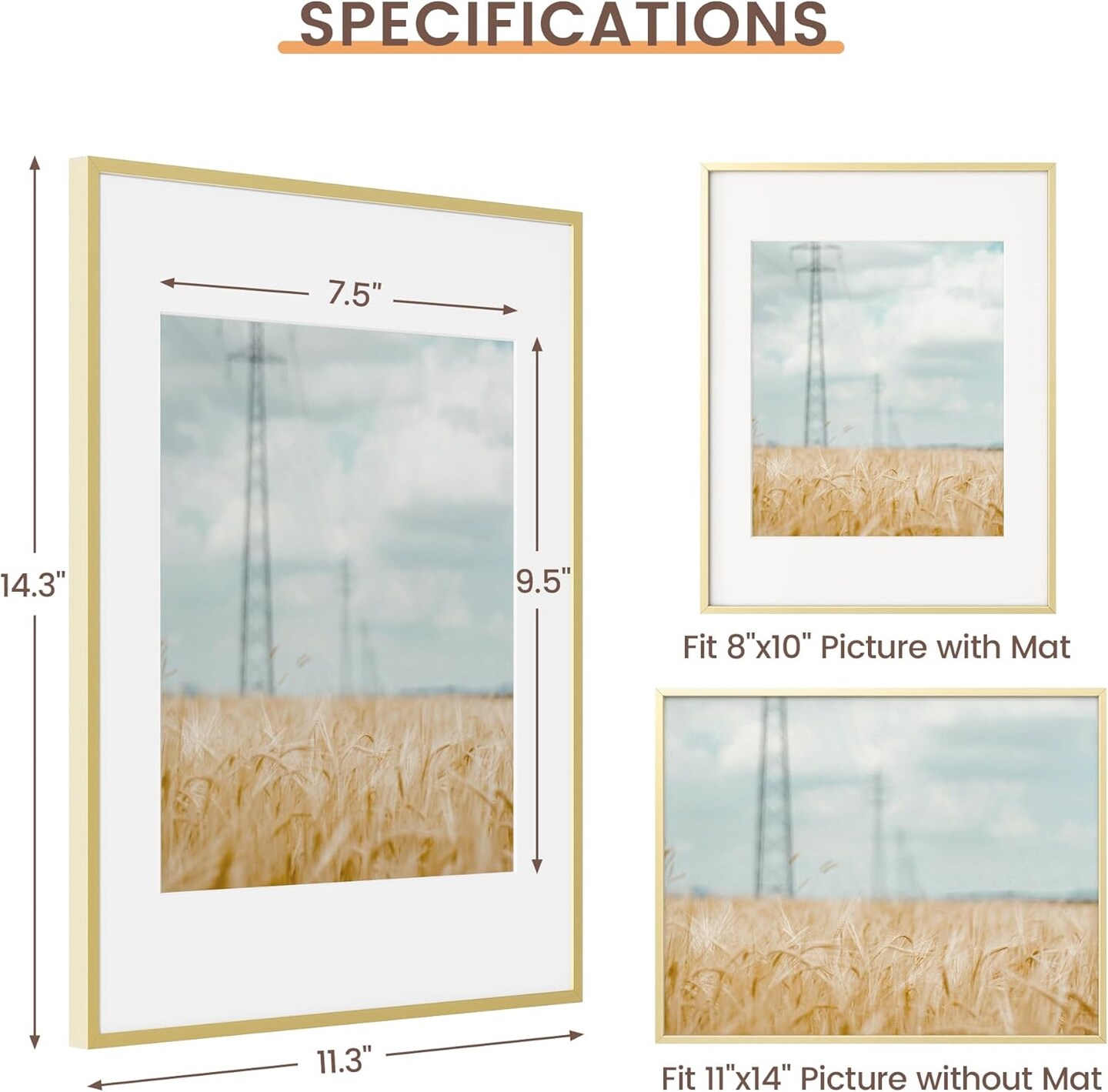 11x14 Picture Frame Gold, Aluminum 11 x 14 Poster Frames with 8x10 Removable Mat, Vertical and Horizontal Display, Wall Hook Hanging, High-Definition Plexiglass, Set of 1