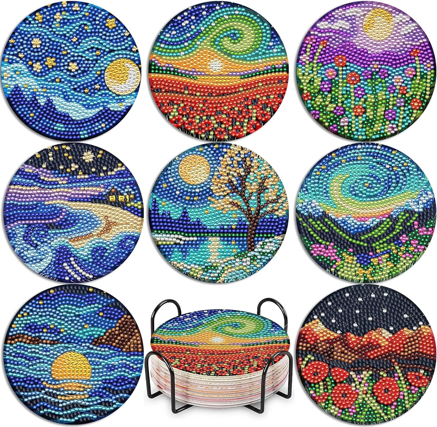 8PCS Starry Sky Diamond Painting Coaster Kit – DIY Moon & Galaxy Gem Art Drink Coasters with Holder & Cork Base, Celestial Craft Set for Adults & Beginners Home Décor
